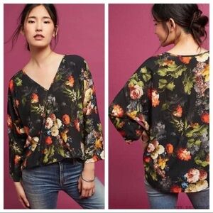 ANTHROPOLOGIE The Odells Floral Watercolor Surplice Blouse Top